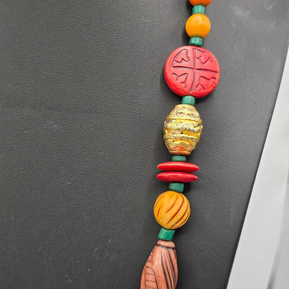Boho Beaded Necklace Multicolor Carved Wood Gold Filigree‎ Tribal Statement 28in
